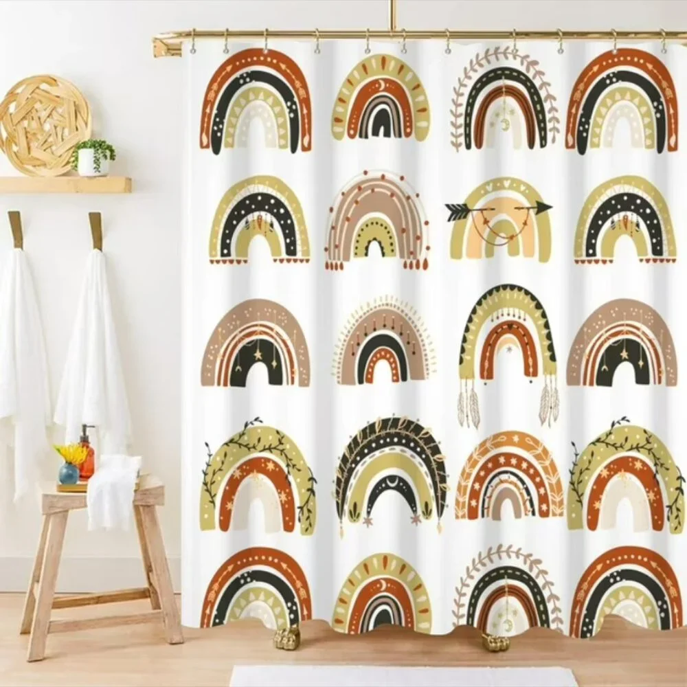 Boho Rainbow Shower Curtain Set with Hooks Terracotta and Green, 72